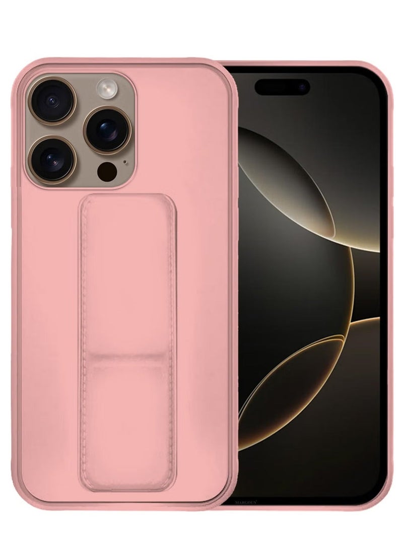 إيف عبوتان من حافظة جلد البولي يوريثان الفاخر وواقي شاشة لهاتف iPhone 16 Pro Max - مقاوم للصدمات، مضاد للخدش، وظيفة الوقوف، غطاء حافظة بمقبض الإصبع (وردي) - Image 1