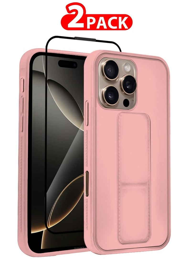 إيف عبوتان من حافظة جلد البولي يوريثان الفاخر وواقي شاشة لهاتف iPhone 16 Pro Max - مقاوم للصدمات، مضاد للخدش، وظيفة الوقوف، غطاء حافظة بمقبض الإصبع (وردي) - Image 5