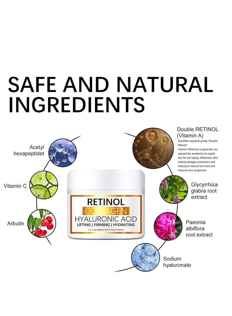 ريتينول كريم الريتينول للوجه، مرطب مضاد للشيخوخة بحمض الهيالورونيك وفيتامين ه، كريم كولاجين للتجاعيد والبقع الداكنة، كريم ليلي للبشرة الشابة (1.7 أونصة) - Image 3