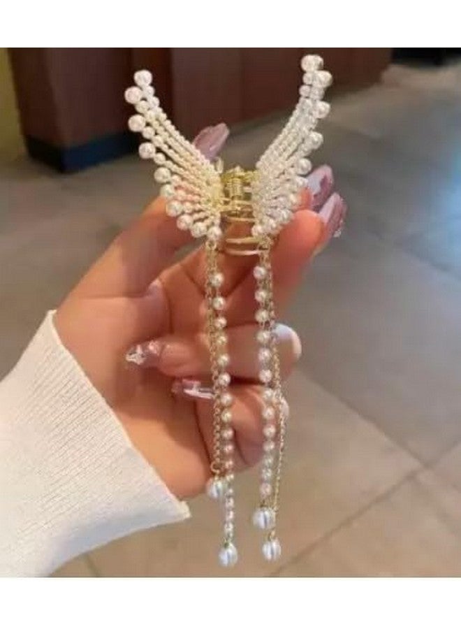 Fezzalo (Pack of 2) Premium Pearl Metal Butterfly Hair Claw with Hanging Chain for Women & Girls, Sparkly Hold Jaw Clips for Thick, Thin and Long Hair Clutcher, Korean Style, Hair Accessories - Image 1