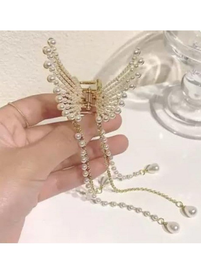 Fezzalo (Pack of 2) Premium Pearl Metal Butterfly Hair Claw with Hanging Chain for Women & Girls, Sparkly Hold Jaw Clips for Thick, Thin and Long Hair Clutcher, Korean Style, Hair Accessories - Image 2