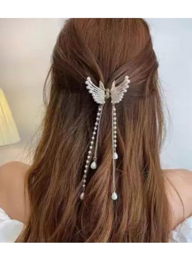 Fezzalo (Pack of 2) Premium Pearl Metal Butterfly Hair Claw with Hanging Chain for Women & Girls, Sparkly Hold Jaw Clips for Thick, Thin and Long Hair Clutcher, Korean Style, Hair Accessories - Image 3