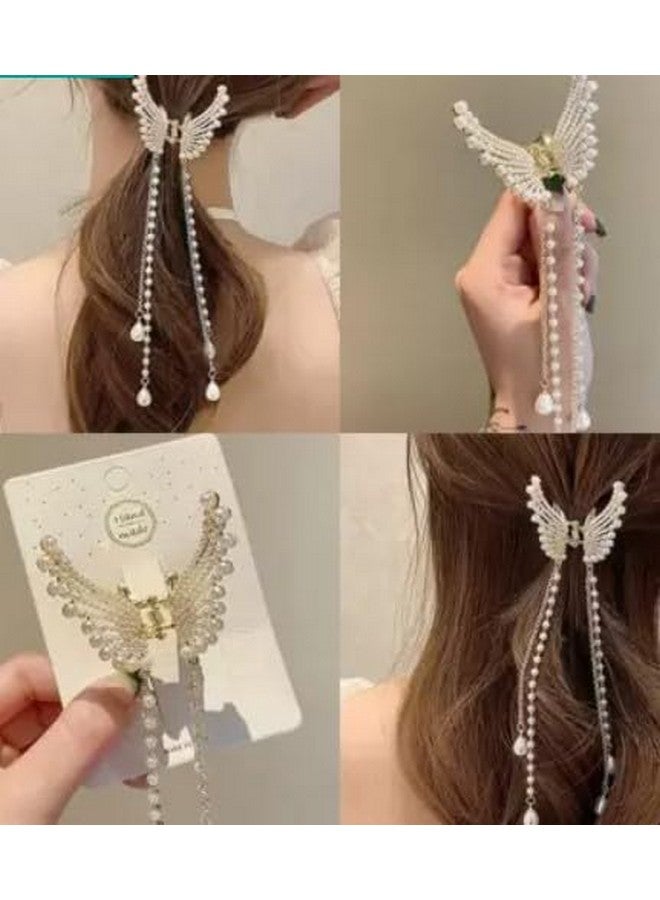 Fezzalo (Pack of 2) Premium Pearl Metal Butterfly Hair Claw with Hanging Chain for Women & Girls, Sparkly Hold Jaw Clips for Thick, Thin and Long Hair Clutcher, Korean Style, Hair Accessories - Image 4