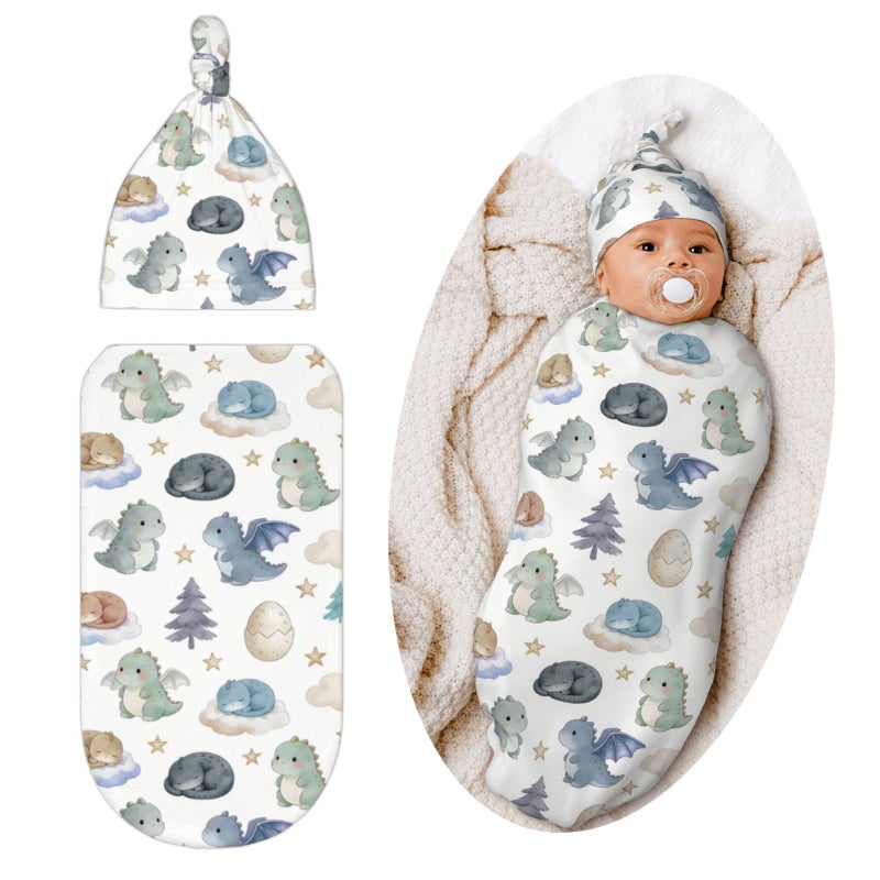 Qwalnely Dragon Swaddle Blanket with Hat for Baby, Swaddling Dragon Theme Baby Stuff - Image 1