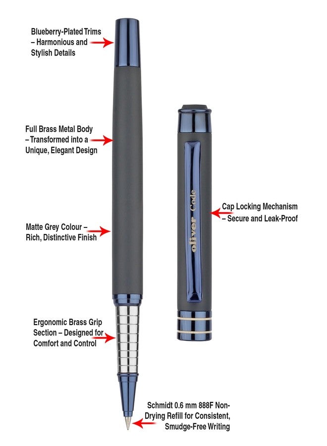 Oliver Code Matte Grey Roller Pen with Blueberry-Plated Trims – Premium Brass Body & German Schmidt Refill | T-Box Packaging - Image 3