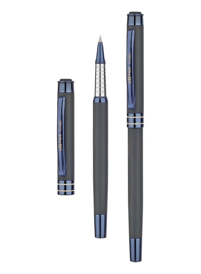 Oliver Code Matte Grey Roller Pen with Blueberry-Plated Trims – Premium Brass Body & German Schmidt Refill | T-Box Packaging - Image 4