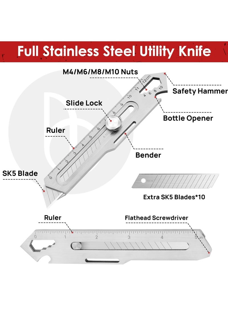 2 Pcs Utility Knife, Stainless Steel Retractable Box Cutter, Multifunctional Utility Knife with 10 Pcs Replaceable Blades for Office, Home, School - Image 5