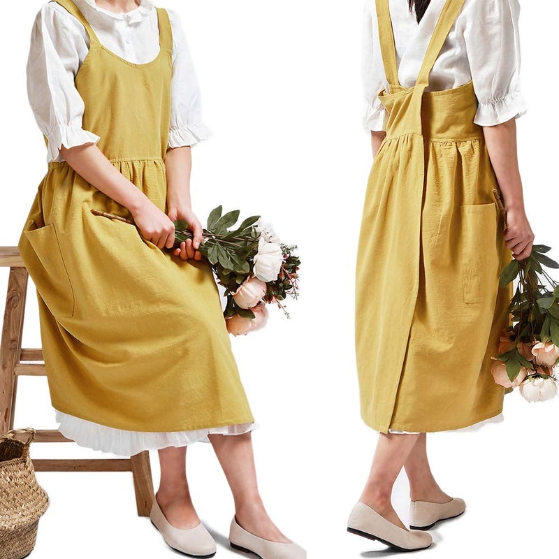 Cotton Linen Cross Back Apron for Women with Pockets for Cooking Cleaning Yellow without Waist Ties