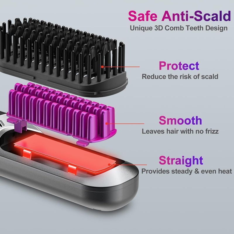 KASTWAVE Cordless Hair Straightener Brush, Portable Straightening Brush for Travel, Mini Ionic Hair Beard Brush Straightener for Men, Hair Straightener Brush USB Rechargeable for Women - Image 2