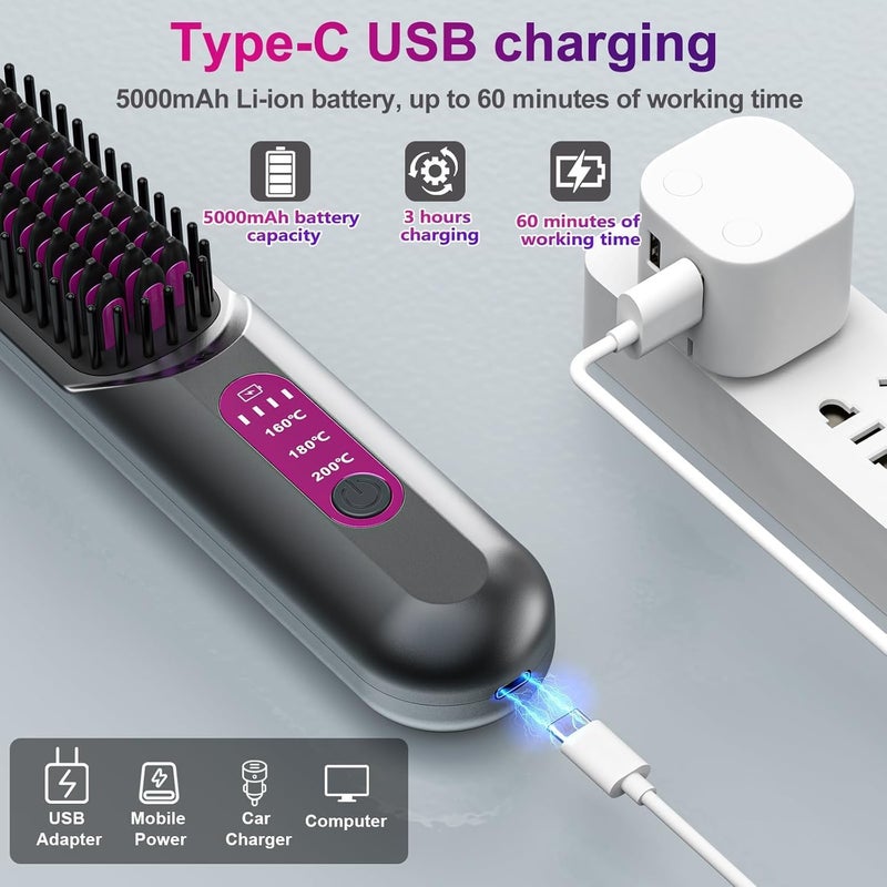 KASTWAVE Cordless Hair Straightener Brush, Portable Straightening Brush for Travel, Mini Ionic Hair Beard Brush Straightener for Men, Hair Straightener Brush USB Rechargeable for Women - Image 5