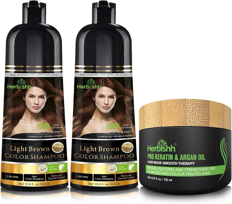 Herbishh Combo Pack - 2Pcs Light Brown Hair Color Shampoo 500 ml + 1Pc Argan Intense Hair Mask 150 ml - Image 1