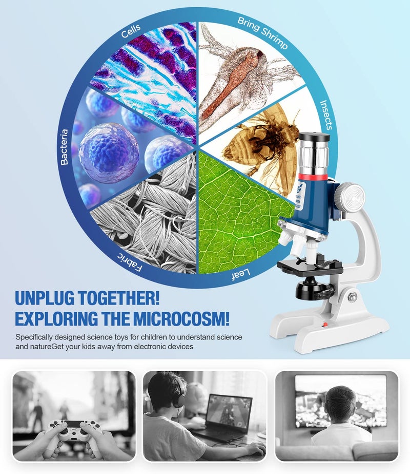 Uarzt 58-Piece Kids Microscope Kit - 100X-1200X Magnification, Metal Body, LED Light, Carrying Box - Science Experiment Toy for Kids Ages 5-12 - Image 3