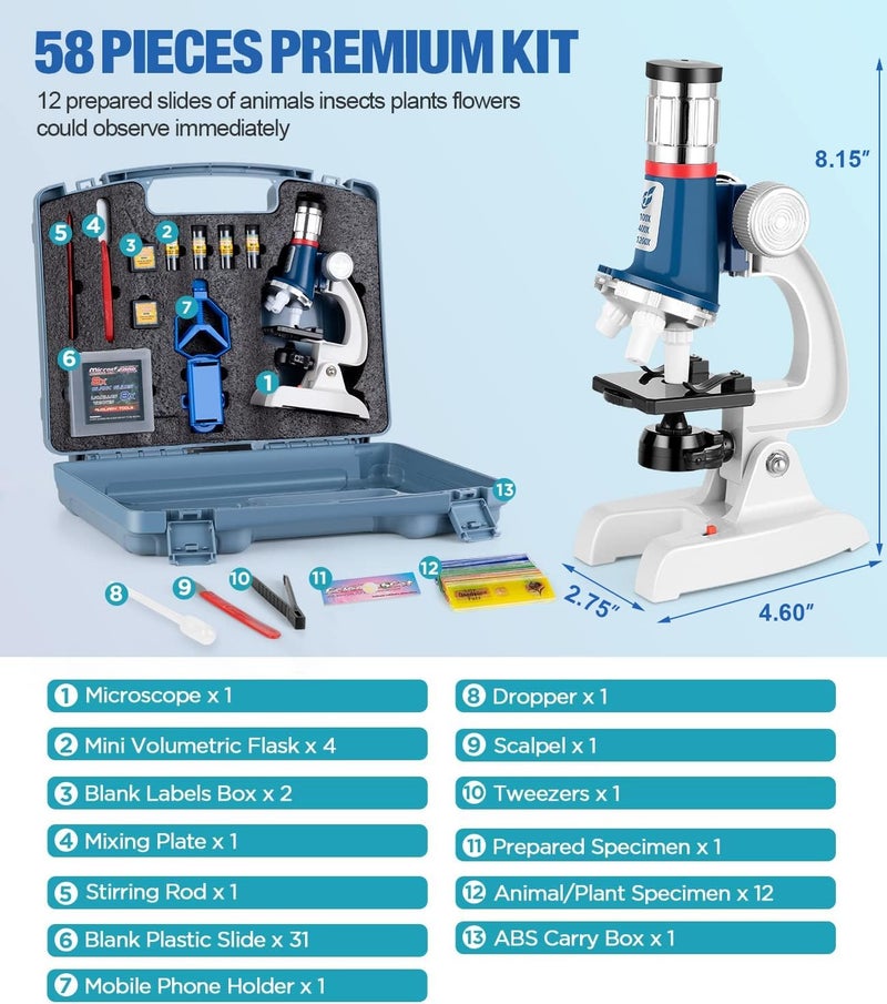 Uarzt 58-Piece Kids Microscope Kit - 100X-1200X Magnification, Metal Body, LED Light, Carrying Box - Science Experiment Toy for Kids Ages 5-12 - Image 5