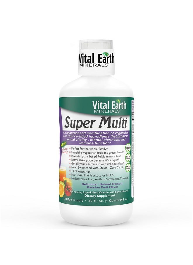 فيتال إيرث مينيرالز Vital Earth Minerals Super Multi - فيتامينات متعددة سائلة للنساء والرجال والأطفال، فيتامينات سائلة بحمض الفولفيك لتحسين الامتصاص، ودعم MTHFR، 32 أونصة + 1 أونصة كوب  - Image 1