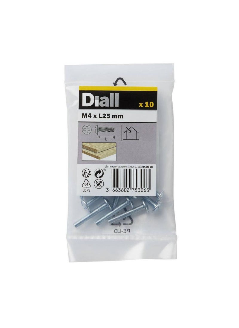 ACE Diall Zinc-Plated Carbon Steel Drawer Knob Screw Pack M4 x 25mm 10Pcs 