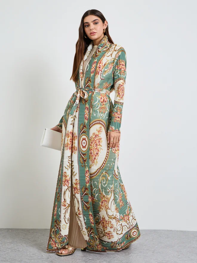 Styli Styli Green All Over Print Plisse Abaya with Tie-Belt