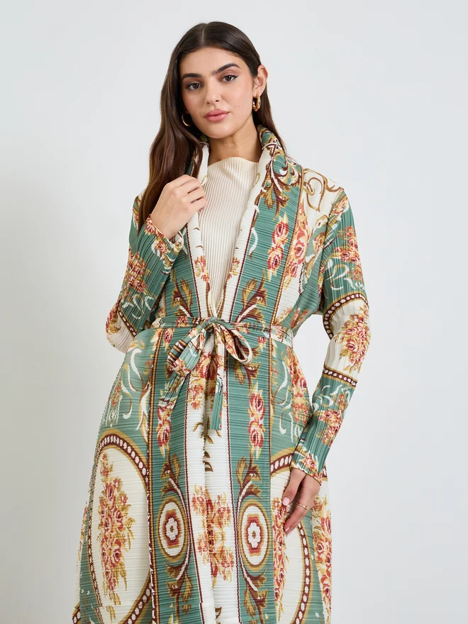 Styli Styli Green All Over Print Plisse Abaya with Tie-Belt