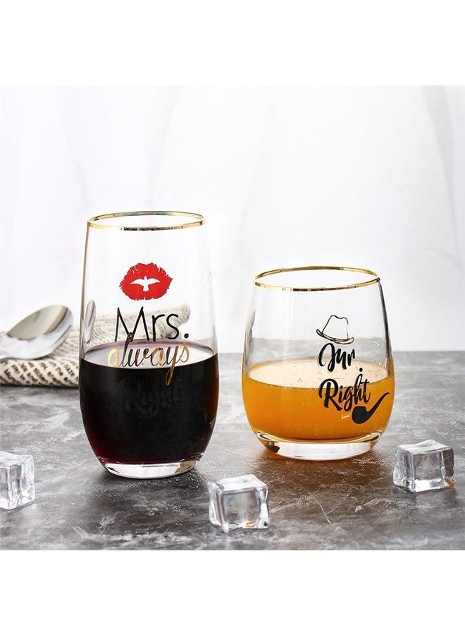 Couple Wine Glasses Set MR RIGHT and MRS ALWAYS RIGHT Crystal Stemless Wine Glass Gifts for Valentines Wedding Engagement Anniversary for His Hers Husband Wife Boyfriend Girlfriend Lovers LEAD FREE  - Image 2