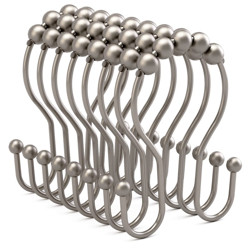 Bathway Shower Curtain Hooks Rust Proof Shower Curtain Rings, Smooth Glide Double Hook Shower Curtain Hooks,Shower Hooks for Shower Curtain Matte Nickel Shower Rod Hooks Shower Curtain Hangers 12Pcs - Image 1