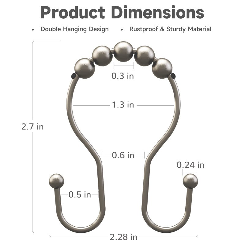 Bathway Shower Curtain Hooks Rust Proof Shower Curtain Rings, Smooth Glide Double Hook Shower Curtain Hooks,Shower Hooks for Shower Curtain Matte Nickel Shower Rod Hooks Shower Curtain Hangers 12Pcs - Image 5