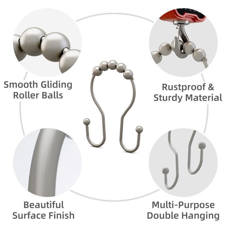 Bathway Shower Curtain Hooks Rust Proof Shower Curtain Rings, Smooth Glide Double Hook Shower Curtain Hooks,Shower Hooks for Shower Curtain Matte Nickel Shower Rod Hooks Shower Curtain Hangers 12Pcs - Image 2