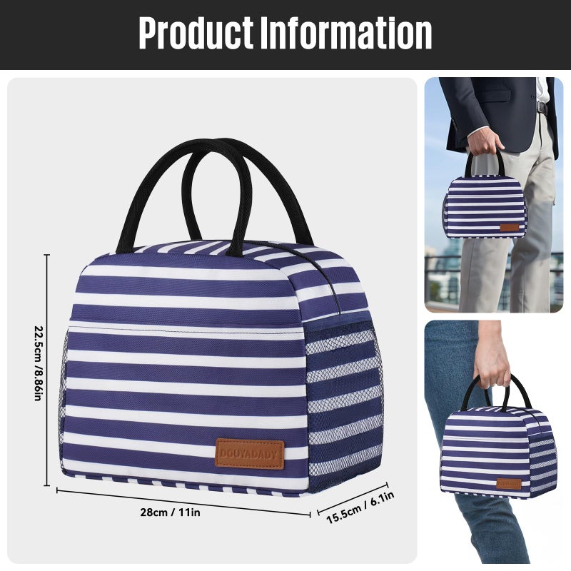 douyadady Lunch Bag Women/Men Lunch Box Women/Men (Dark blue+White Stripes) - Image 2
