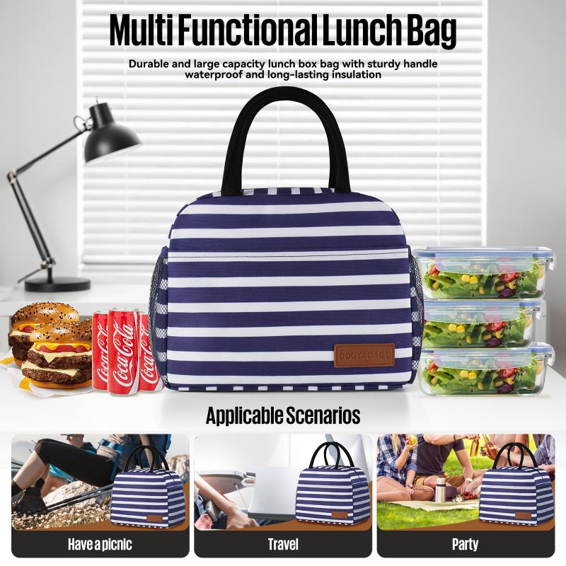 douyadady Lunch Bag Women/Men Lunch Box Women/Men (Dark blue+White Stripes) - Image 3