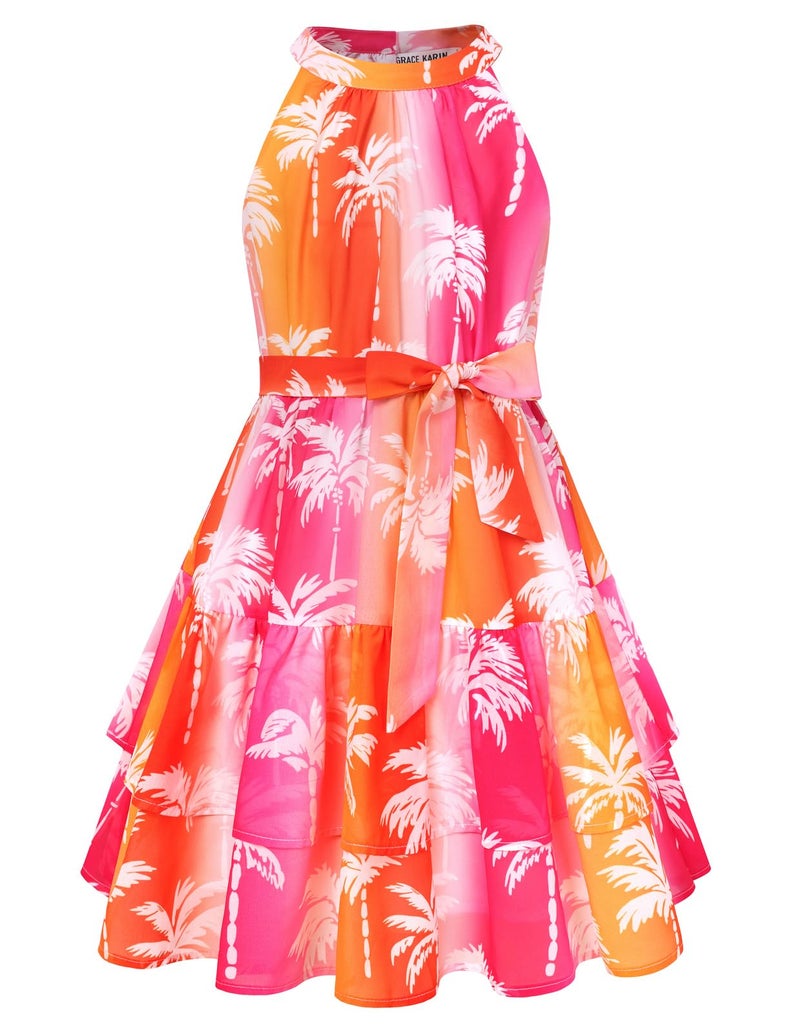 GRACE KARIN Girls Vacation Beach Dress Rainbow Tropical Hawaiian Halter Chiffon Summer Party Sundress Dresses for Teen Size 14 - Image 1