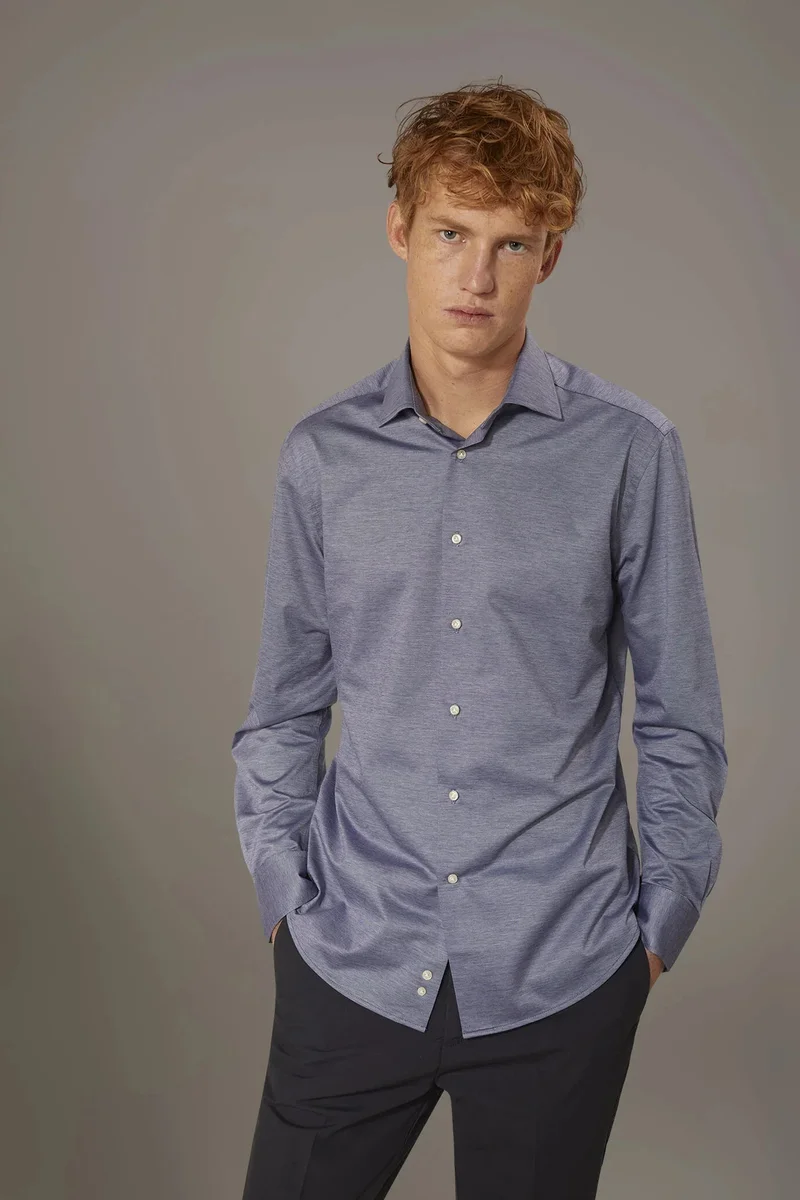 Classic washed French collar shirt, comfortable fit, jersey fabric - Denim
