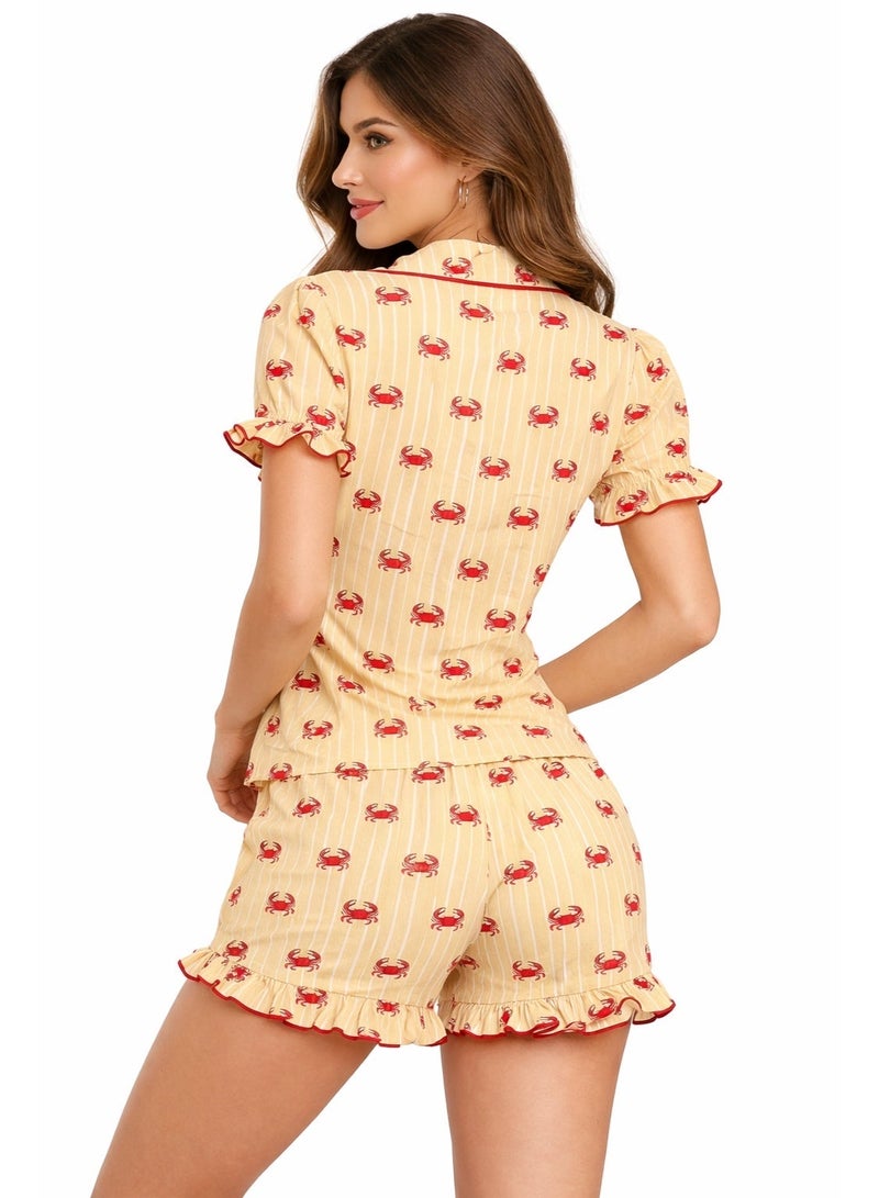 Caesar Women's two-piece pajama set with a collar and bows on the front - Image 3