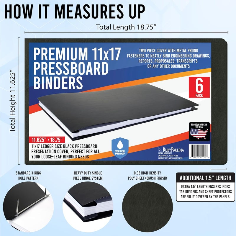 Ruby Paulina Premium 11x17 Pressboard Binder with High-Density Polyethylene - 3" Capacity, Crush Finish Exterior, Made in USA, Black - Pack of 6 - Image 2