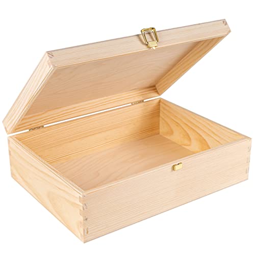 Creative Deco A4 Wooden Storage Box Unpainted Plain  338 x 248 x 10  1 cm  Golden Latch  Hinged Lid  Easter Gift Storing Files Documents  Valuables in the Office or Bedroom  Jewellery Box