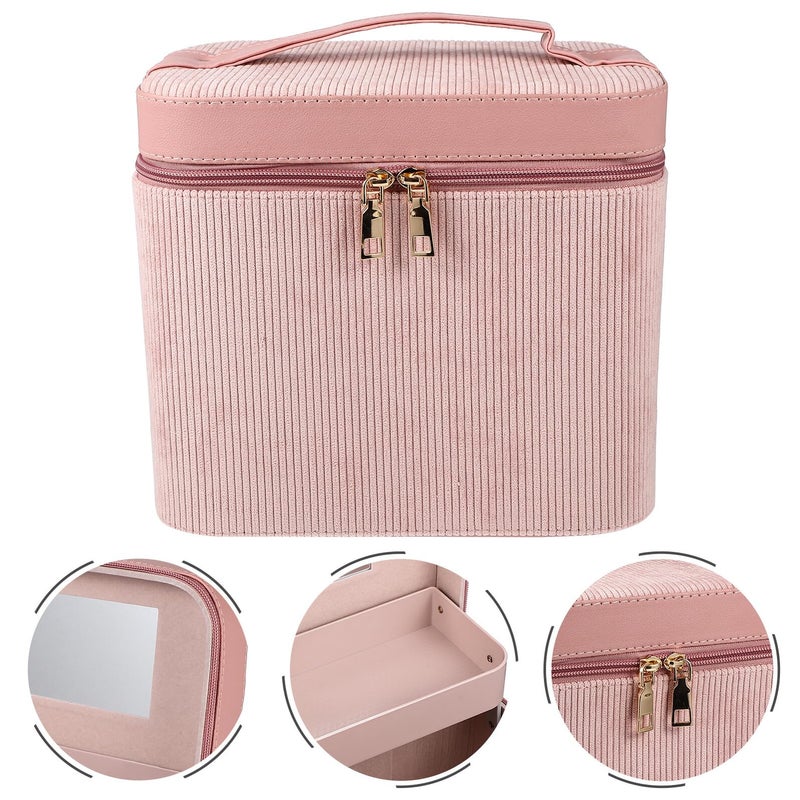 Portable Large Capacity Makeup Case With Mirror Dual Layer Corduroy Cosmetic Bag Travel Organizer - Image 4