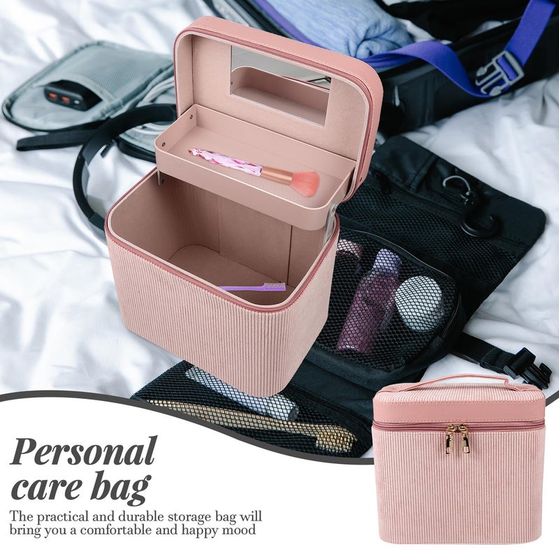 Portable Large Capacity Makeup Case With Mirror Dual Layer Corduroy Cosmetic Bag Travel Organizer - Image 5