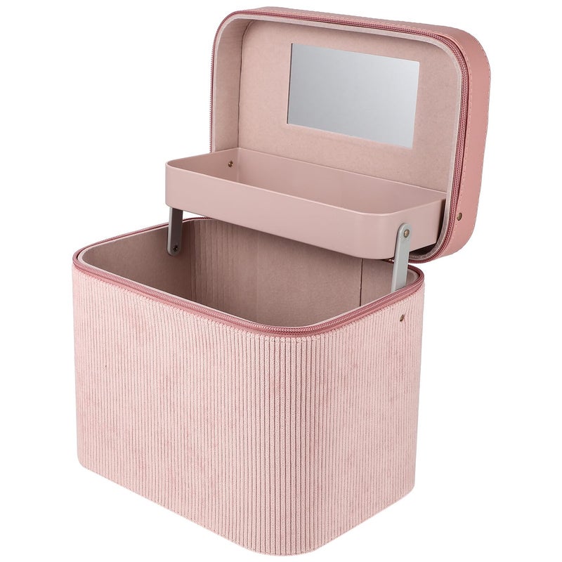 Portable Large Capacity Makeup Case With Mirror Dual Layer Corduroy Cosmetic Bag Travel Organizer - Image 2