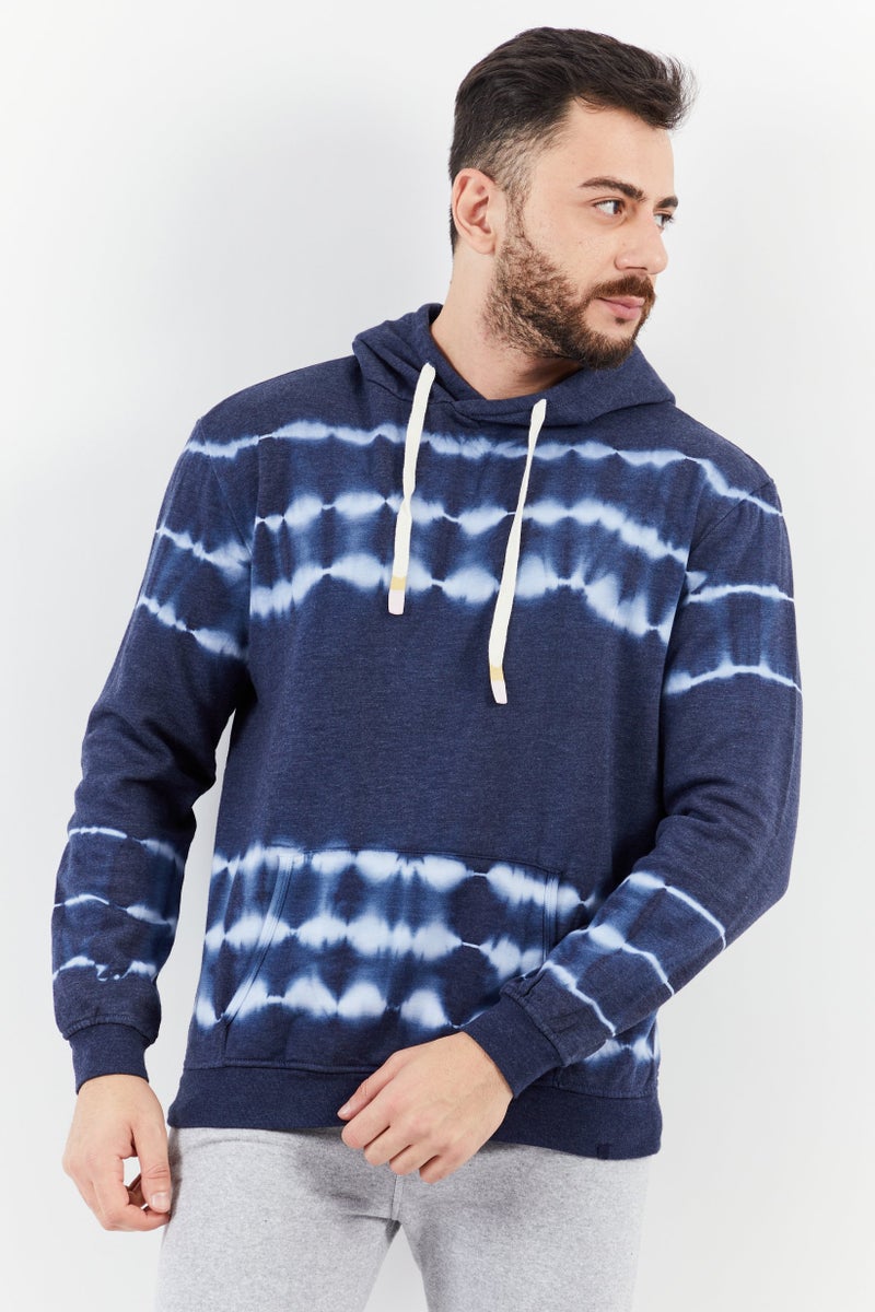 Sovereign Code Men Hooded Neck Tie Dye Print Long Sleeves Sweatshirt, Navy - Image 1