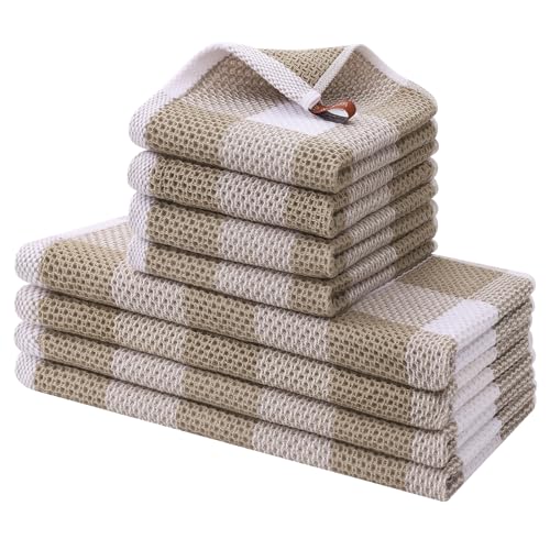 Homaxy Kitchen Towels and Dishcloths Set 12 x 12 and 13 x 28 Inches Set of 8 100 Cotton Waffle Weave Check Plaid Kitchen Dish Towels Super Soft and Absorbent Dish Cloths White Khaki - Image 1