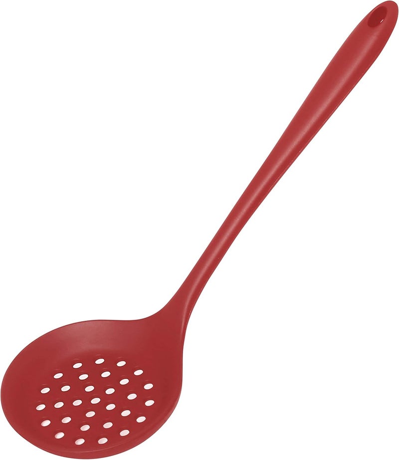 77L Slotted Spoon, Heatproof Skimmer Strainer Slotted Spoon, Seamless One-Piece Non-Stick Cooking Silicone Scoop Ladle with Ergonomic Handle for filter Vegetable, Pasta and More (Red) - Image 1