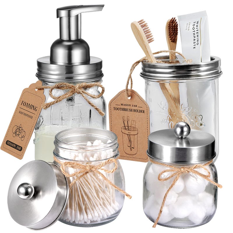Amolliar Mason Jar Bathroom Accessories Set 4Pc  Foaming Soap Dispenser2 Qtip HoldersToothbrush HolderRustic Farmhouse Decor Bathroom Organizer Apothecary Jar Country Countertop Brushed Nickel