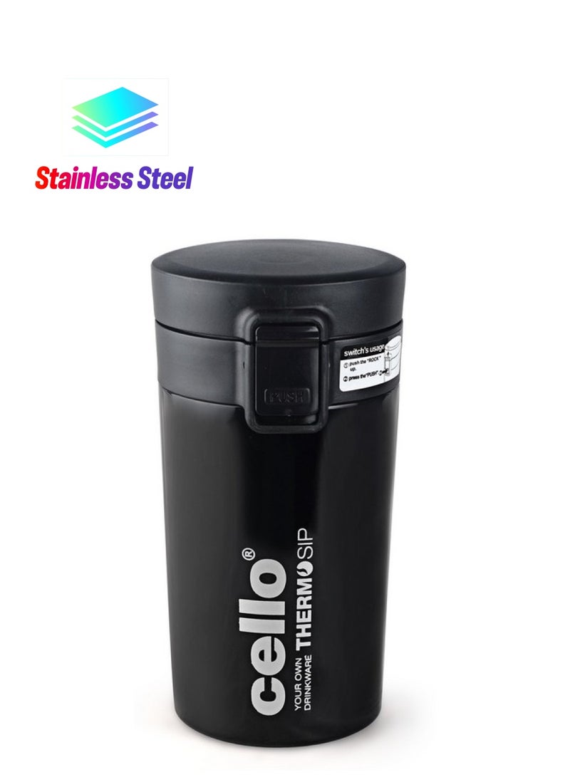 Cello CELLO Monty Thermosteel Vacuum Insulated Travel Mug, 300ml, Black | Prolonged Hours Hot & Cold | Spill Proof & Easy to Sip | Tea & Juice Mug | Soup Flask | Water Flask | Personal & Corporate Gifting - Image 1
