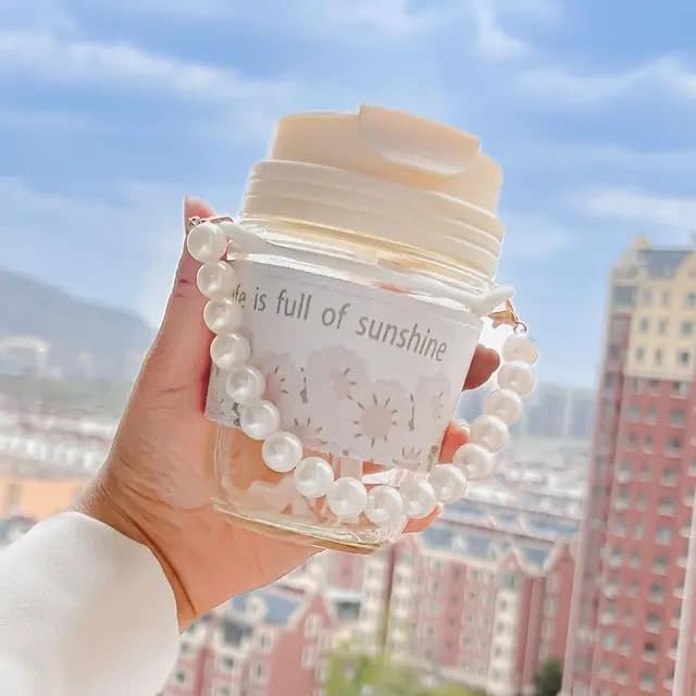 DS ENTERPRISE Glass Coffee Mugs with Pearl Chain Belt and Reusable Coffee Mug Travel Sipper Double Drink Straw Lids Sleeve for Kids Girls Durable Tumbler Juice Milk Smoothie Tea Cups (Drinking Cup-350ML) - Image 5