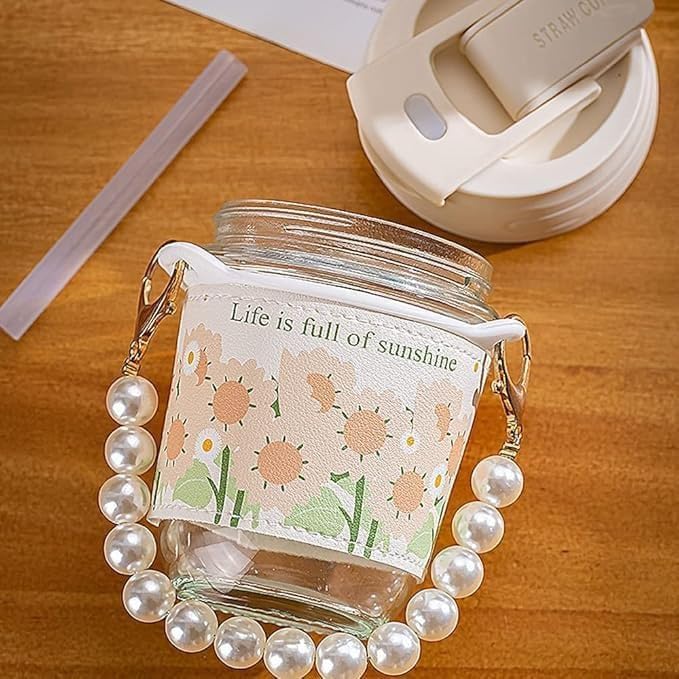 DS ENTERPRISE Glass Coffee Mugs with Pearl Chain Belt and Reusable Coffee Mug Travel Sipper Double Drink Straw Lids Sleeve for Kids Girls Durable Tumbler Juice Milk Smoothie Tea Cups (Drinking Cup-350ML) - Image 3