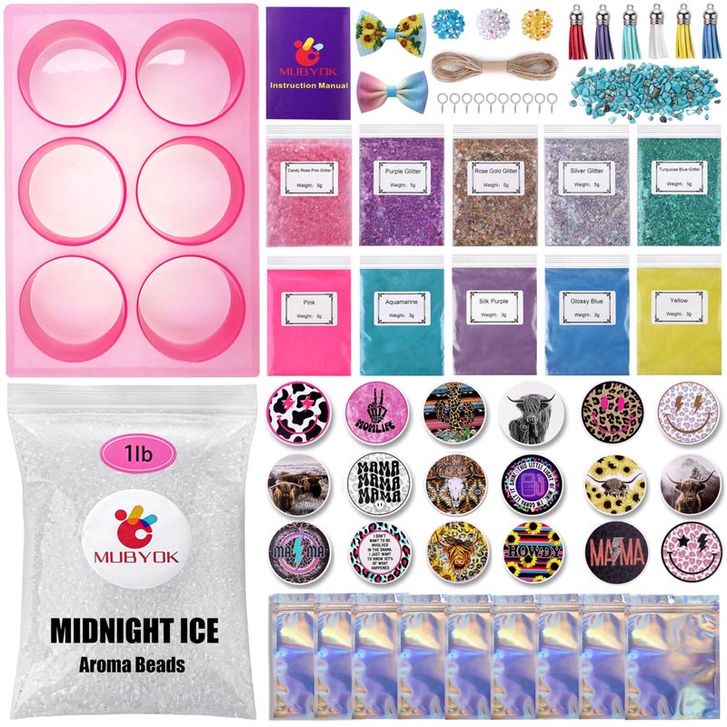 MUBYOK M421 Car Freshie Supplies Starter Kit with 1LB Scented Aroma Beads3 inch Circle Silicone Molds and CardStockMake 9 Freshies
