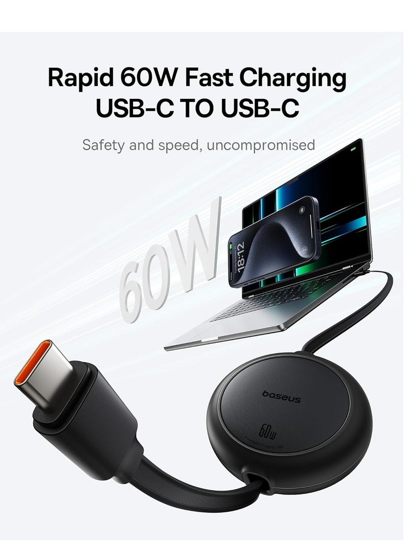 Baseus USB-C Cable, 60W (1m) Ultra Mini Retractable USB-C to USB-C PD 3A Fast Charging Cable, 4-Stage Length Preset USB Type C Charger for iPhone 16/15/Pro/Plus/Max, MacBook, iPad Pro, Galaxy S24/S23, Samsung, Android, and USB-C Devices with Data Transfer Support 60W- Black - Image 2