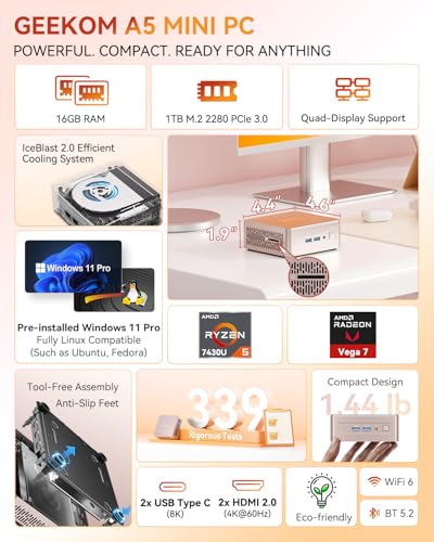 GEEKOM A5 2026 Mini PC with AMD Ryzen 5 7430U, 3-Year Coverage, 16GB RAM(Upgradable, Not LPDDR)&1TB M.2 NVMe SSD, Windows 11 Pro Desktop Computer Support 8K/Wi-Fi 6/BT 5.2/USB 3.2/SD Slot/6x USB - Image 2