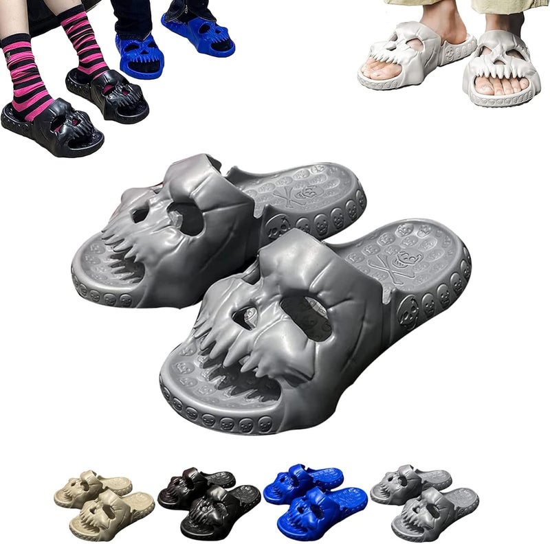 comfrt Skull Design Single Band Slides, 2023 New Skull Design Single Band Slides, Thick Bottom Couple Beach Sandals, Unique Non-Slip Slippers Cloud Slippers for Women and Men's (9.5-10, Gray) - Image 1