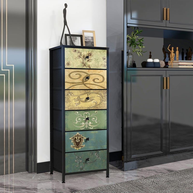 HOME ELEMENTS Fabric Chest of Floral Printed 6 Drawers for Bedroom Clothing Storage Organizer Unit Dresser Chest of Drawers Storage Organizer for Living Room Closet Hallway 30x40x1165cm - Image 1