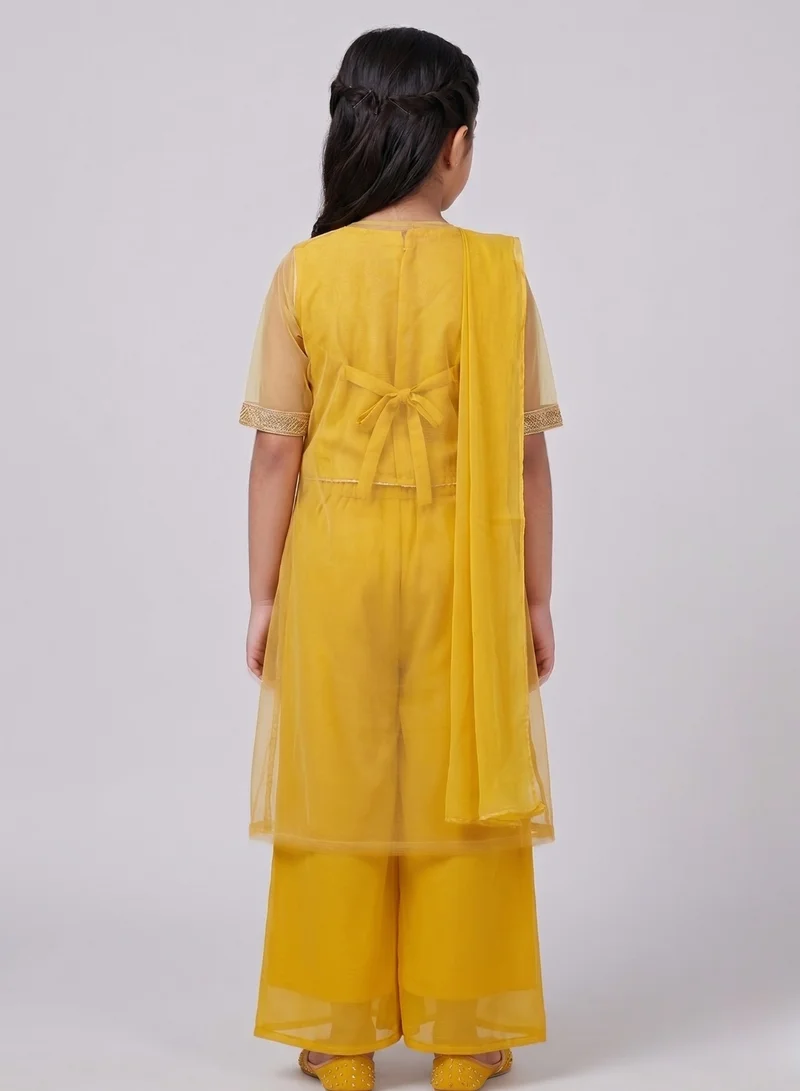 babyqlo Girls Yellow Floral Jacket Sharara Set