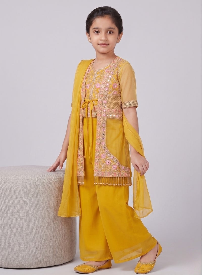babyqlo Girls Yellow Floral Jacket Sharara Set - Image 3