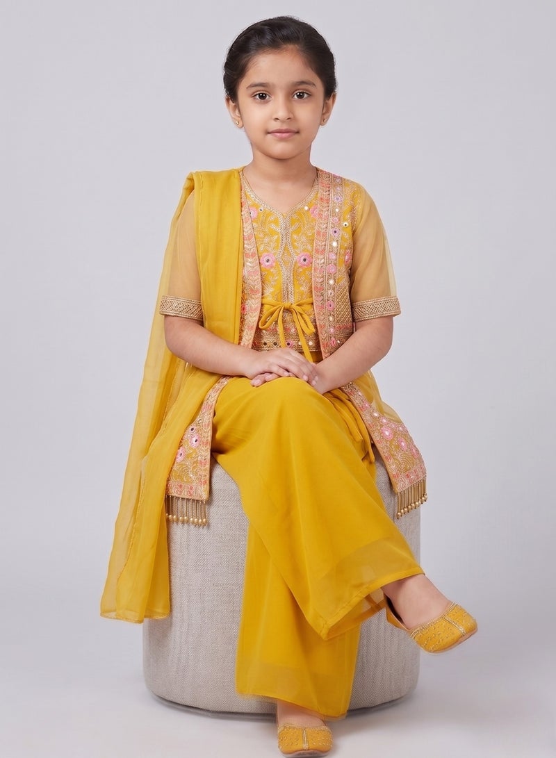 babyqlo Girls Yellow Floral Jacket Sharara Set - Image 4